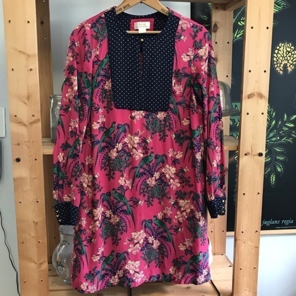 Anthropologie Maeve Pink Navy Blue Floral Bird Print Long Sleeve Tunic Dress 4 - Picture 2 of 13